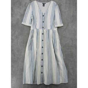 Chelsea Theodore Dress Womens Large Linen Blend Maxi Striped Modest Boho Navy